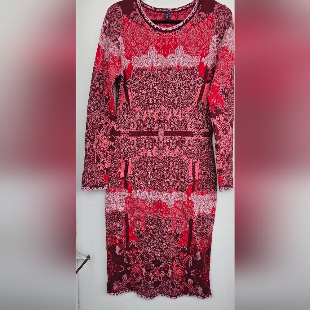 KOOI Knitwear Dress Jacquard Burgundy Red Cotton Dress Aztec Print .Eu42